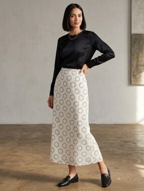 Harve Benard Maxi Skirt cream white & black geo metric dots as circle designs